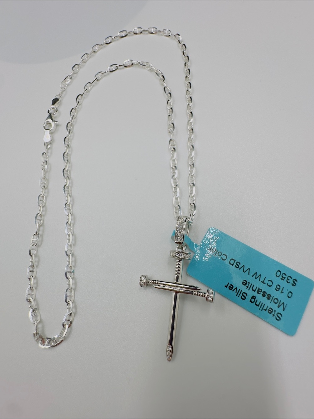 NWT Sterling Silver moissenite Cross Necklace and mariner link  chain